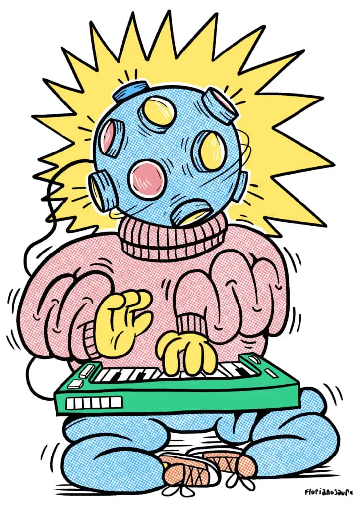 un personnage mou avec une tête de voule à facettes joue du synthé