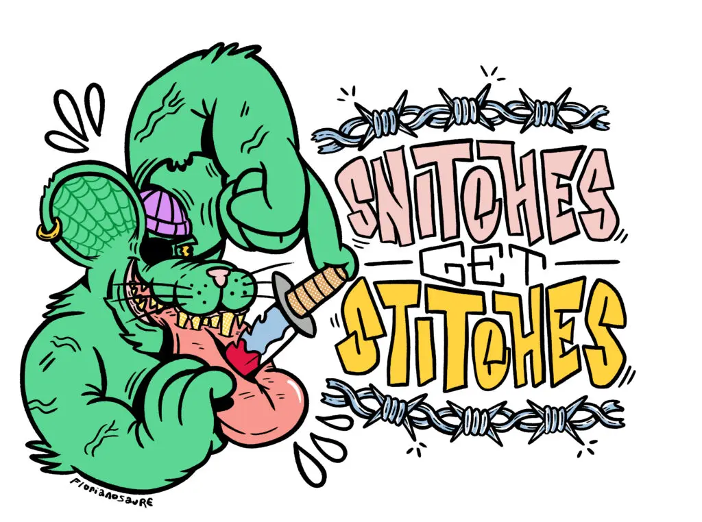 punk rock illustration - a rat stabs its own tongue for being a snitch 